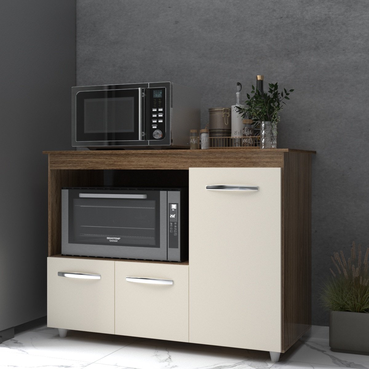 Balcão Armário Gabinete de Cozinha Para Microondas e Forno Elétrico 3 Portas Lilian Mobília Decor Savana Off White 