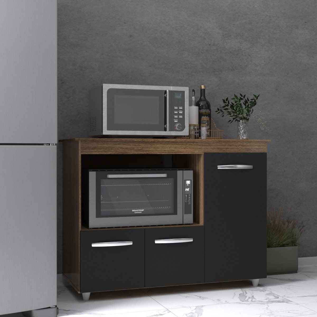 Balcão Armário Gabinete de Cozinha Para Microondas e Forno Elétrico 3 Portas Lilian Mobília Decor Savana Preto 
