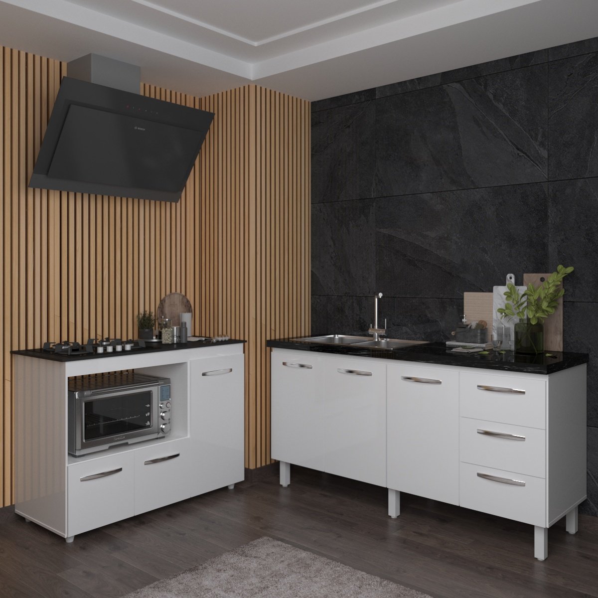 Balcão Armário Gabinete de Pia 150 cm Deise e Balcão Alana Para Fogão Cooktop 4 Bocas e Forno Elétrico Branco 