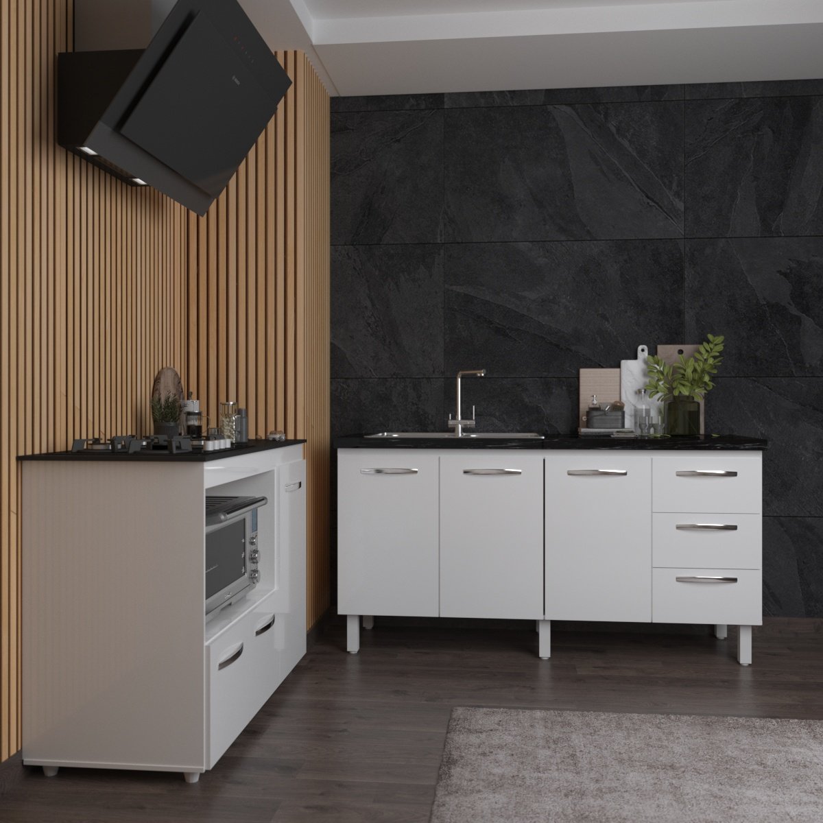 Balcão Armário Gabinete de Pia 150 cm Deise e Balcão Alana Para Fogão Cooktop 4 Bocas e Forno Elétrico Branco 