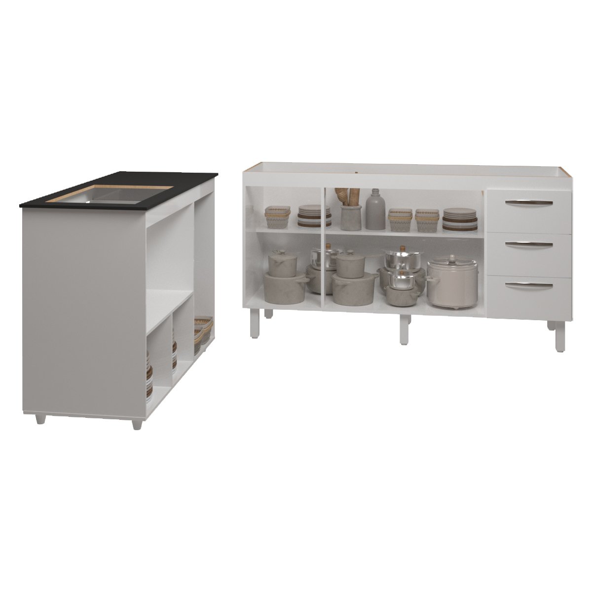 Balcão Armário Gabinete de Pia 150 cm Deise e Balcão Alana Para Fogão Cooktop 4 Bocas e Forno Elétrico Branco 