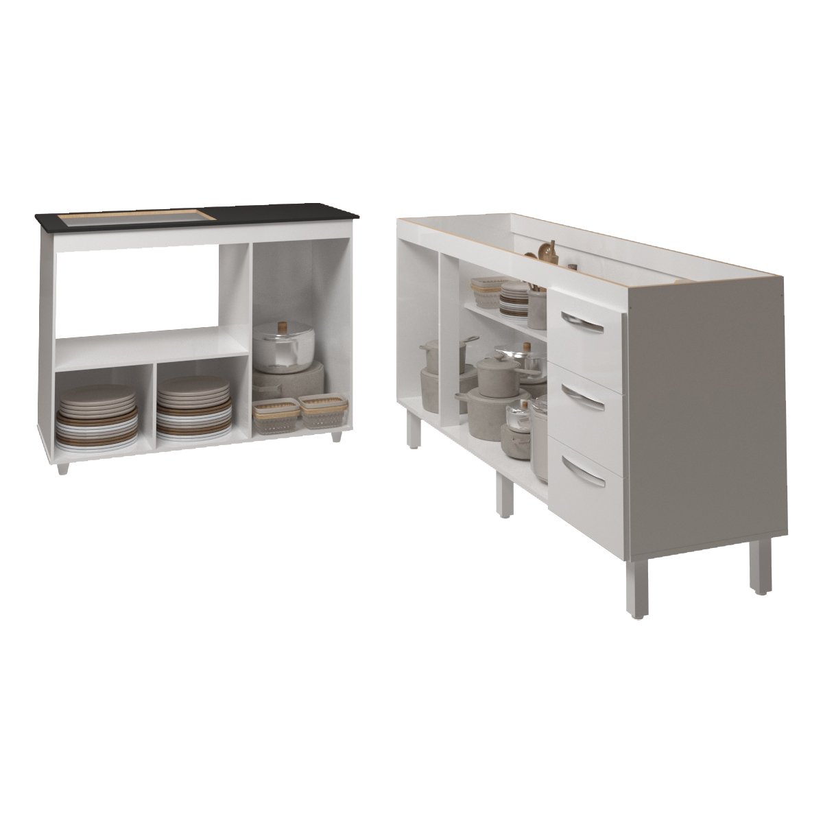 Balcão Armário Gabinete de Pia 150 cm Deise e Balcão Alana Para Fogão Cooktop 4 Bocas e Forno Elétrico Branco 