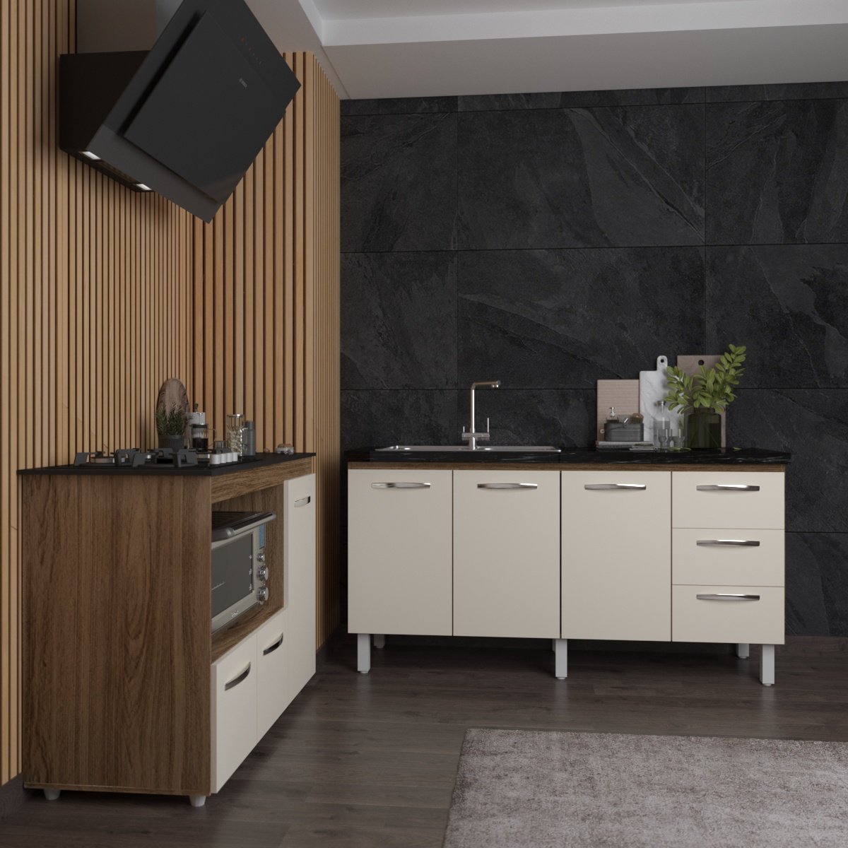 Balcão Armário Gabinete de Pia 150 cm Deise e Balcão Alana Para Fogão Cooktop 4 Bocas e Forno Elétrico Savana Off White 