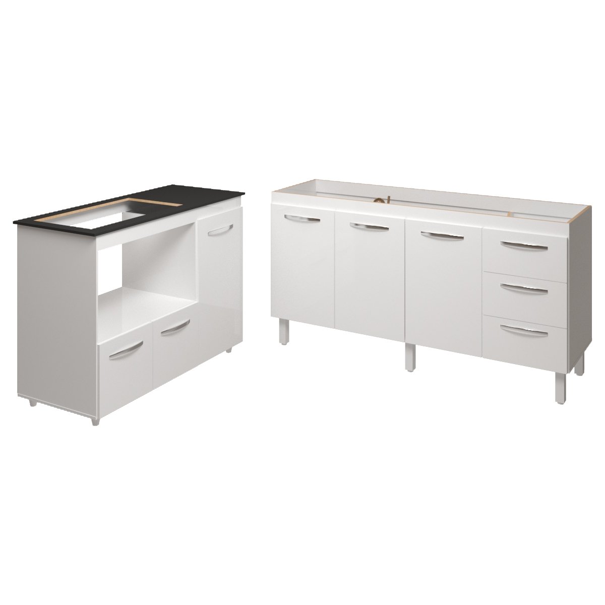 Balcão Armário Gabinete de Pia 150 cm Deise e Balcão Alana Para Fogão Cooktop 5 Bocas e Forno Elétrico Branco 