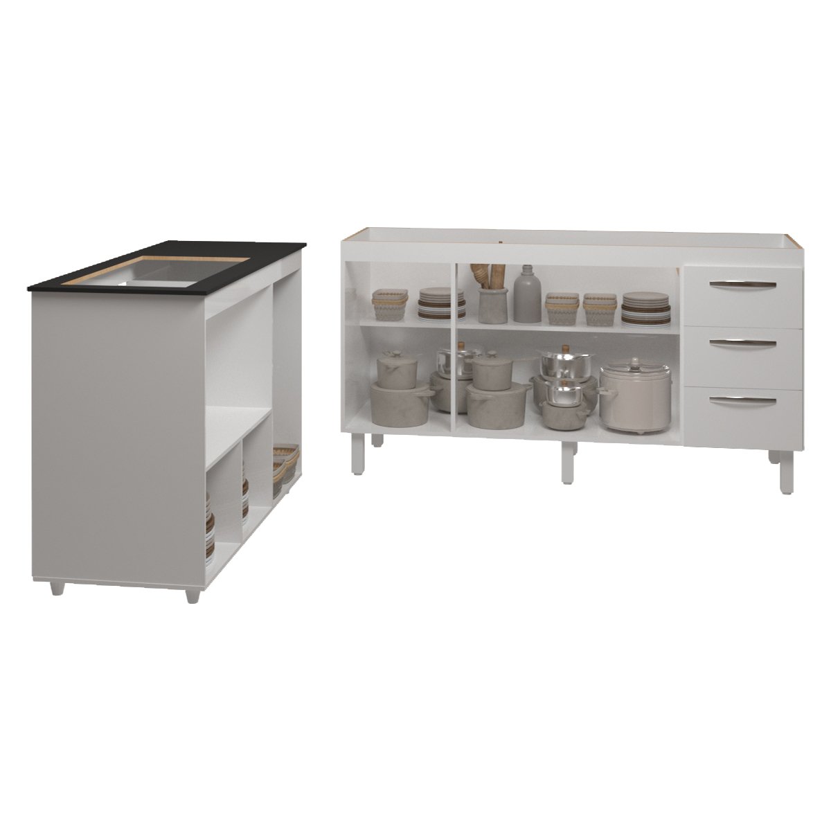 Balcão Armário Gabinete de Pia 150 cm Deise e Balcão Alana Para Fogão Cooktop 5 Bocas e Forno Elétrico Branco 
