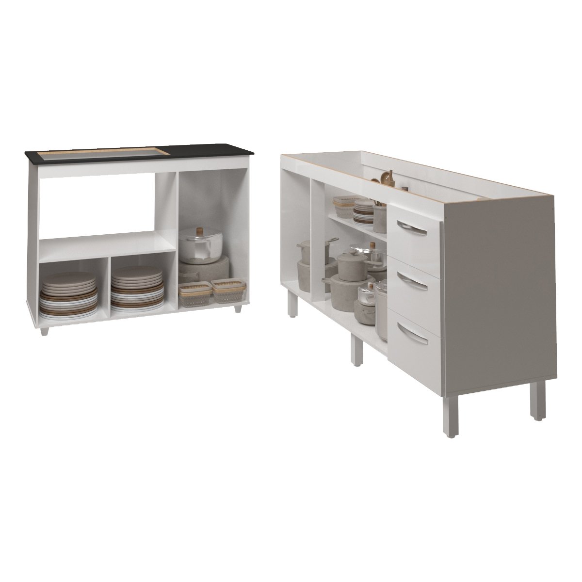 Balcão Armário Gabinete de Pia 150 cm Deise e Balcão Alana Para Fogão Cooktop 5 Bocas e Forno Elétrico Branco 