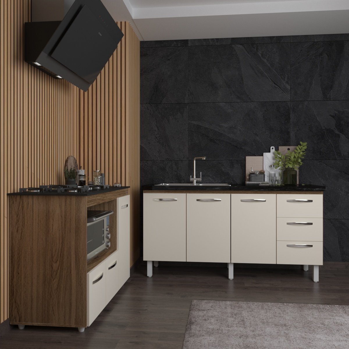 Balcão Armário Gabinete de Pia 150 cm Deise e Balcão Alana Para Fogão Cooktop 5 Bocas e Forno Elétrico Savana Off White 