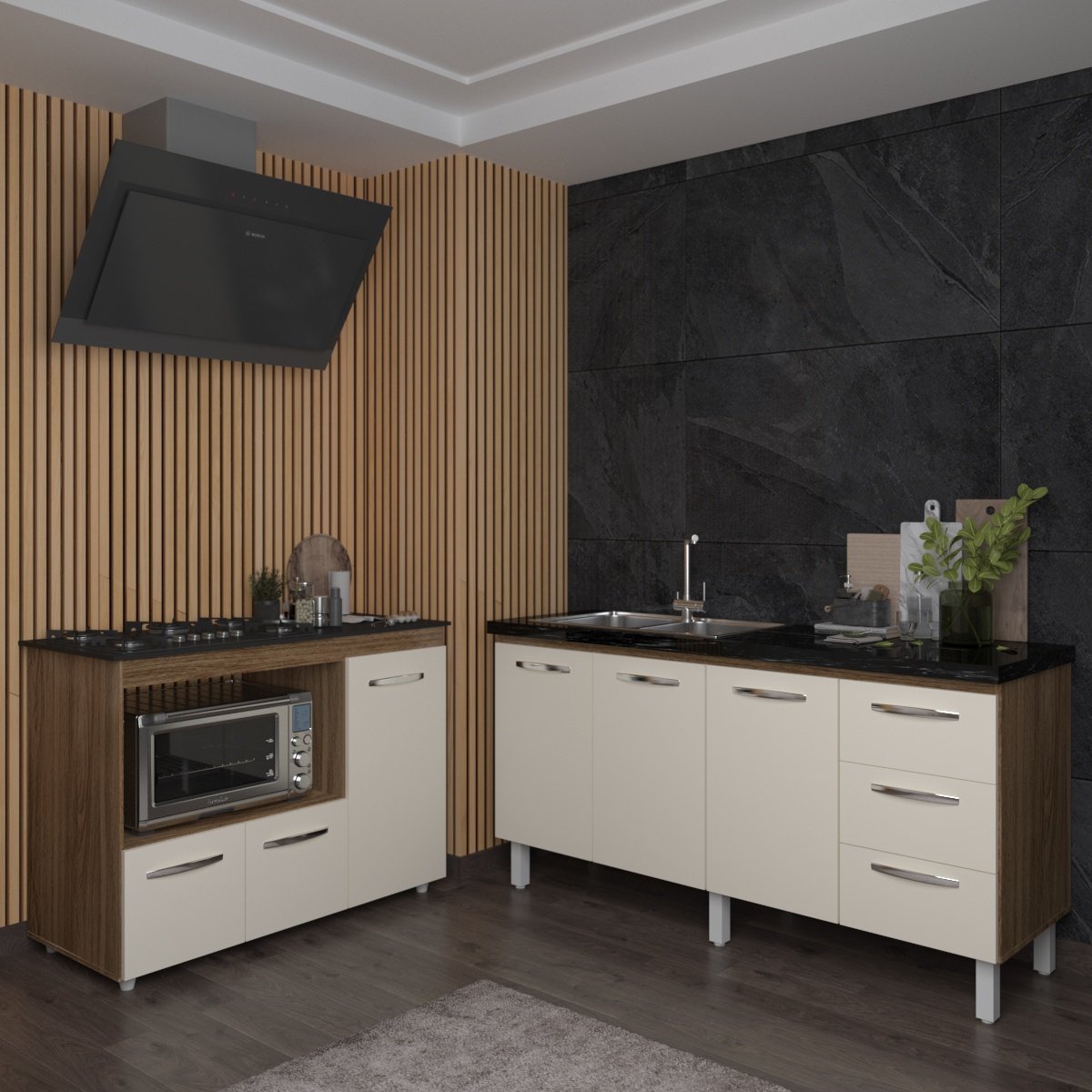 Balcão Armário Gabinete de Pia 150 cm Deise e Balcão Alana Para Fogão Cooktop 5 Bocas e Forno Elétrico Savana Off White 
