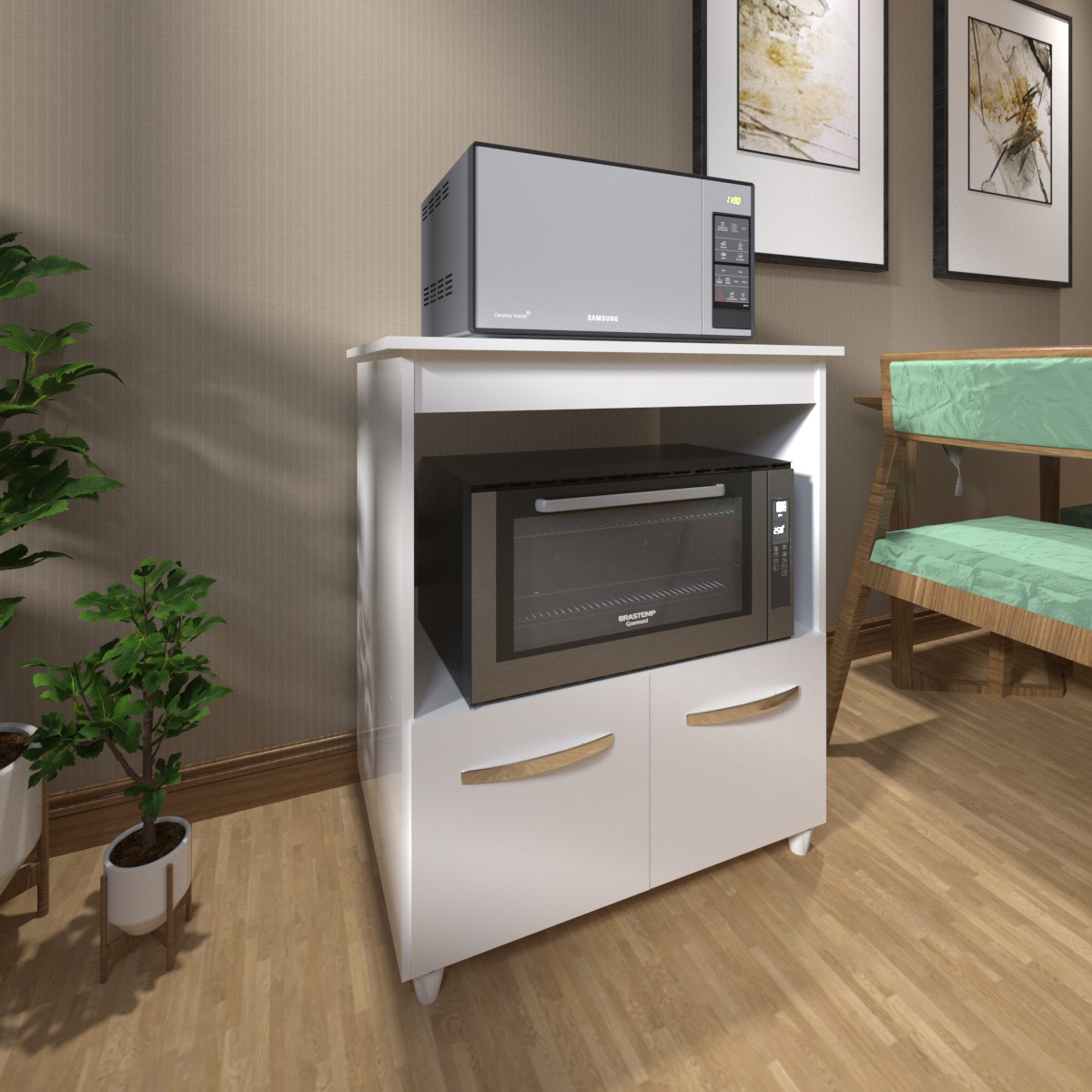 Balcão Armário Gabinete para Microondas e Forno Elétrico Cozinha Amanda Mobília Decor Branco 