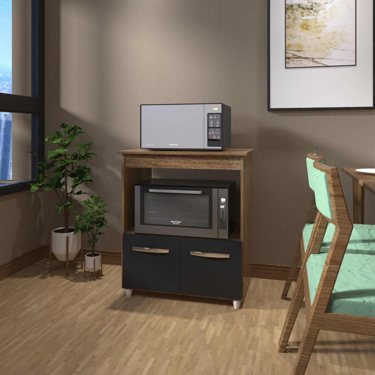Balcão Armário Gabinete para Microondas e Forno Elétrico Cozinha Amanda Mobília Decor Savana Preto 