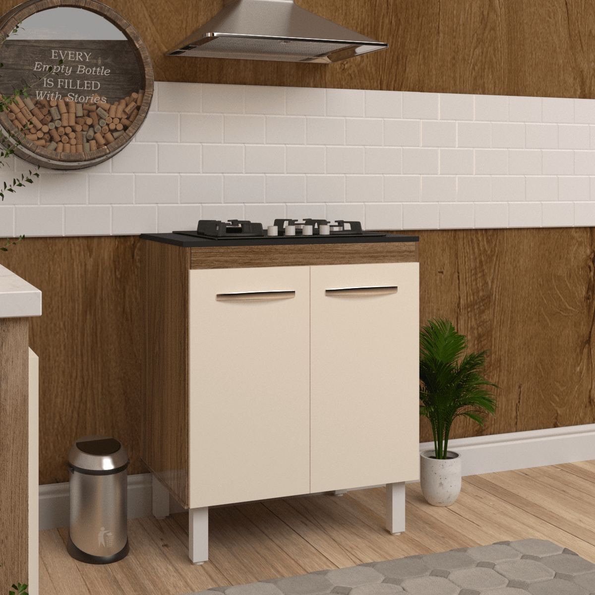 Balcão Armário de Cozinha Fran Para Fogão Cooktop 4 Bocas Mobília Decor Savana Off White 