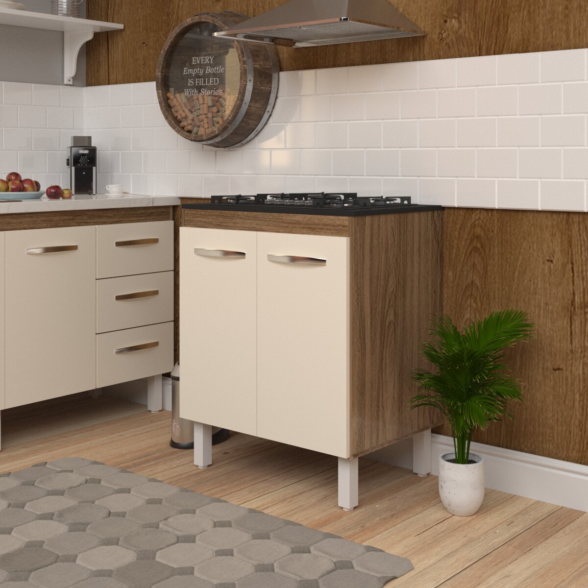 Balcão Armário de Cozinha Para Fogão Cooktop 5 Bocas Fran Mobília Decor Savana Off White 