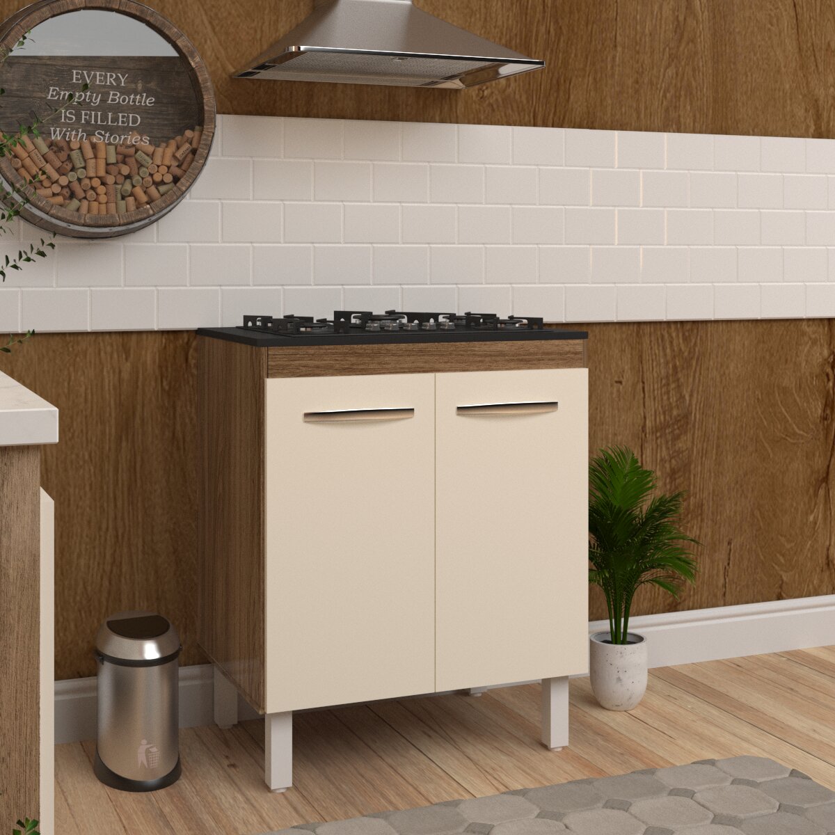 Balcão Armário de Cozinha Para Fogão Cooktop 5 Bocas Fran Mobília Decor Savana Off White 