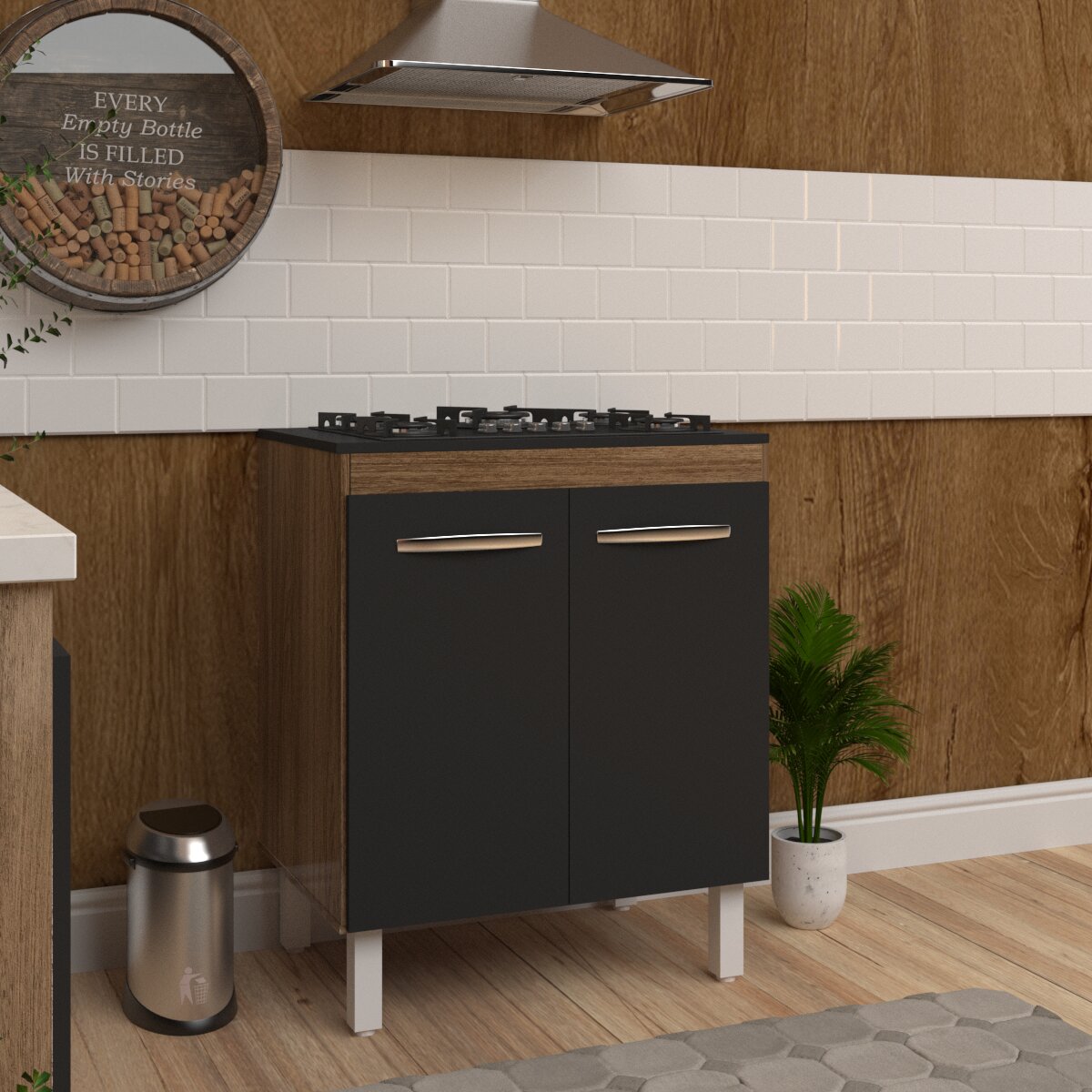 Balcão Armário de Cozinha Para Fogão Cooktop 5 Bocas Fran Mobília Decor Savana Preto 