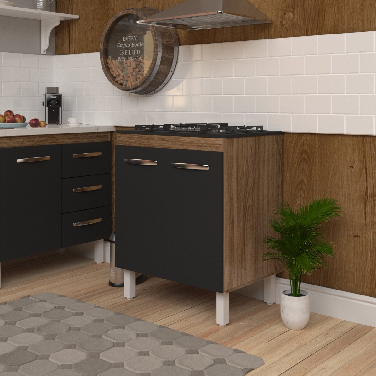 Balcão Armário de Cozinha Para Fogão Cooktop 5 Bocas Fran Mobília Decor Savana Preto 
