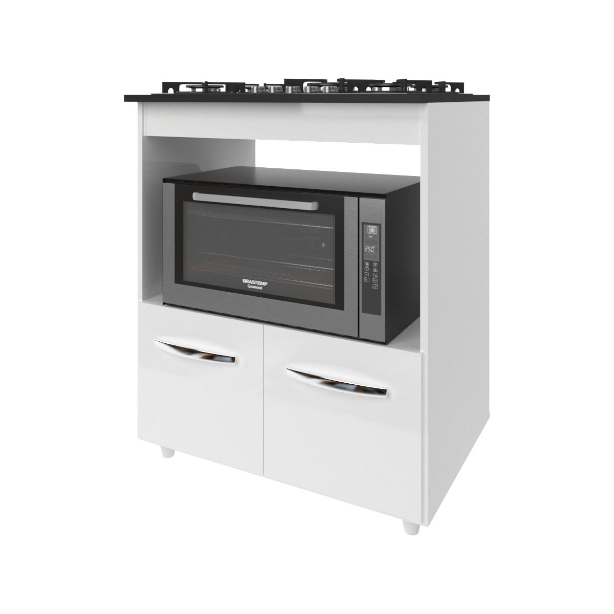 Balcão Armário para Fogão Cooktop 5 Bocas e Forno Elétrico Cozinha Evelyn Mobília Decor Branco 