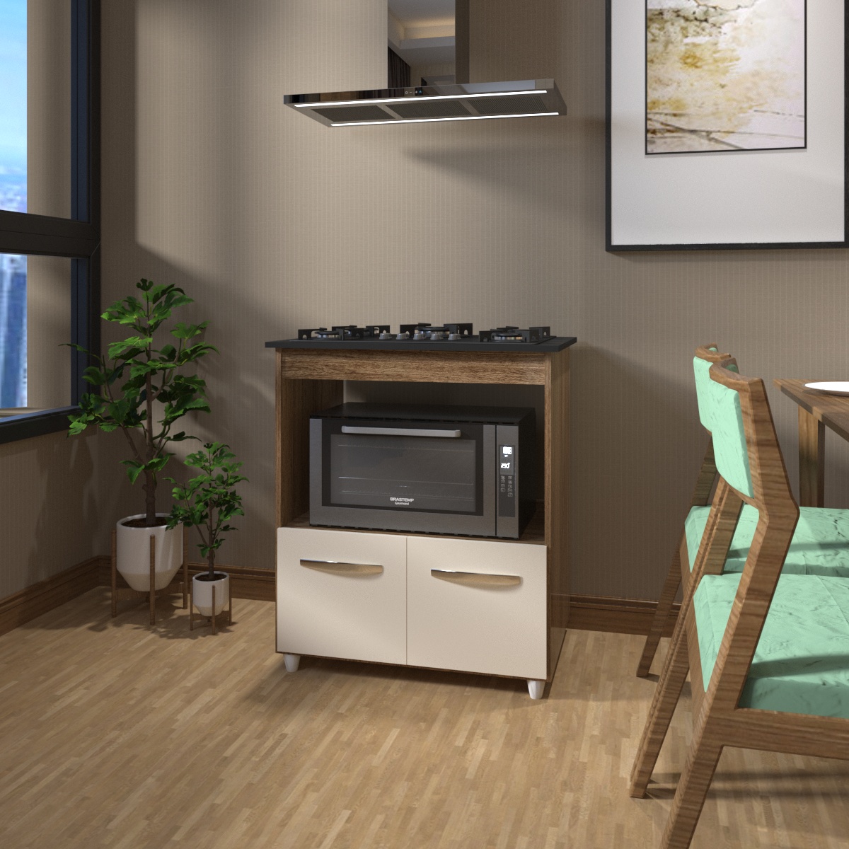 Balcão Armário para Fogão Cooktop 5 Bocas e Forno Elétrico Cozinha Evelyn Mobília Decor Savana Off White 