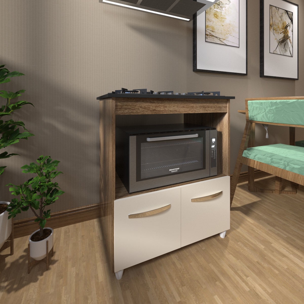 Balcão Armário para Fogão Cooktop 5 Bocas e Forno Elétrico Cozinha Evelyn Mobília Decor Savana Off White 