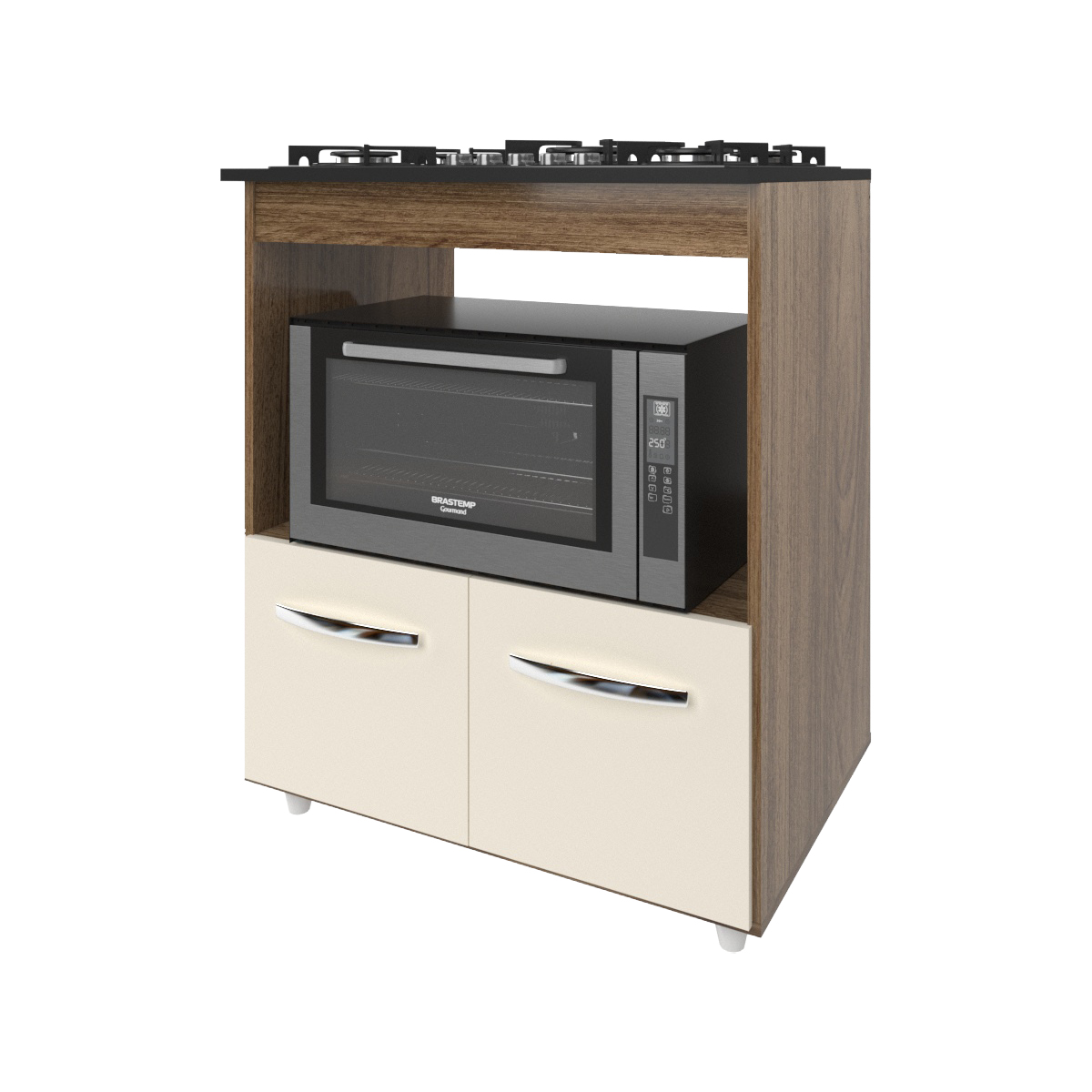 Balcão Armário para Fogão Cooktop 5 Bocas e Forno Elétrico Cozinha Evelyn Mobília Decor Savana Off White 