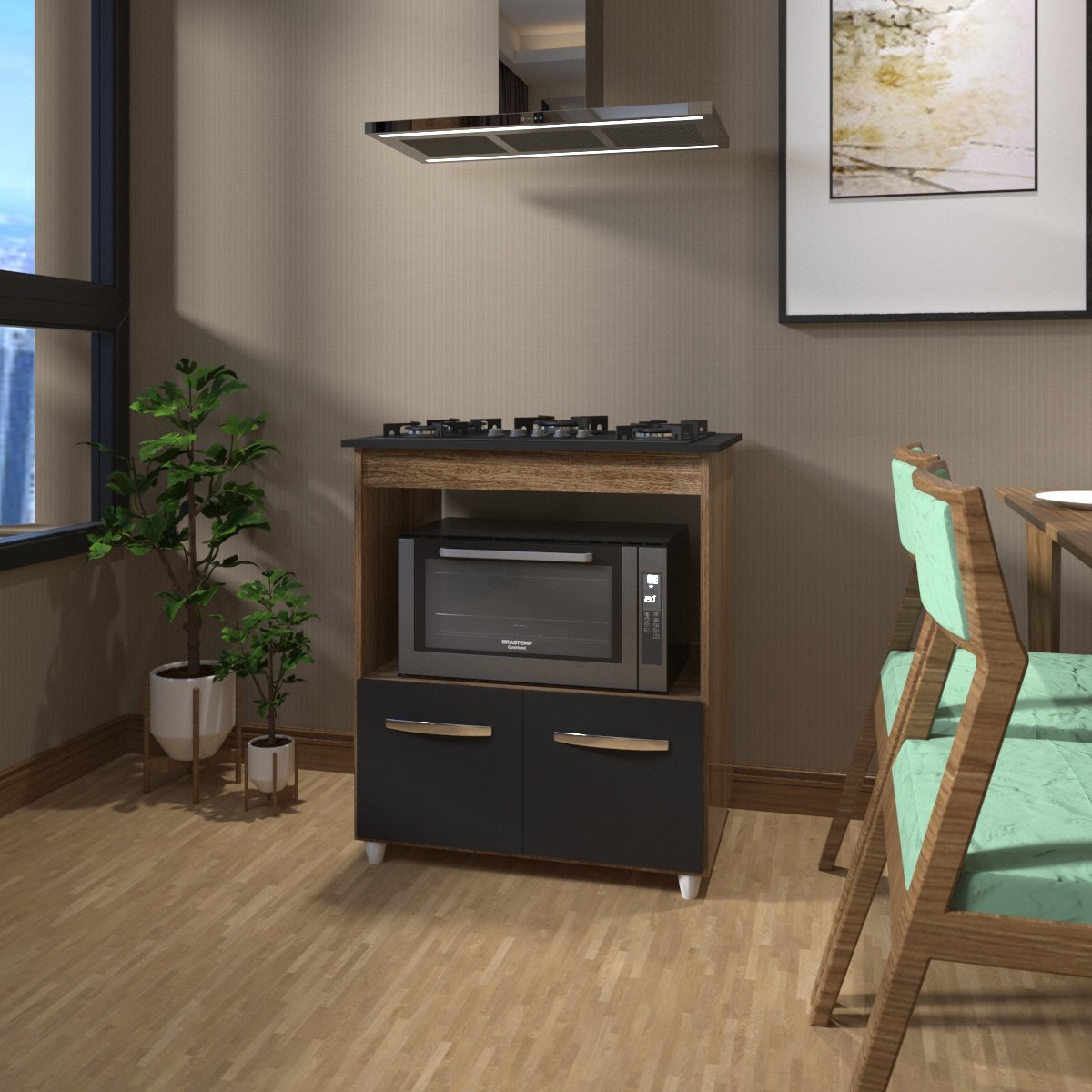 Balcão Armário para Fogão Cooktop 5 Bocas e Forno Elétrico Cozinha Evelyn Mobília Decor Savana Preto 