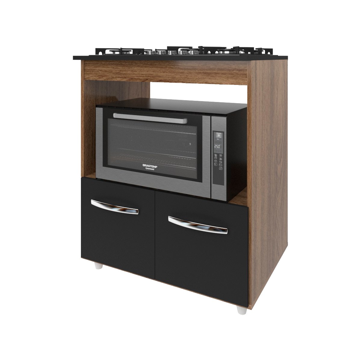 Balcão Armário para Fogão Cooktop 5 Bocas e Forno Elétrico Cozinha Evelyn Mobília Decor Savana Preto 