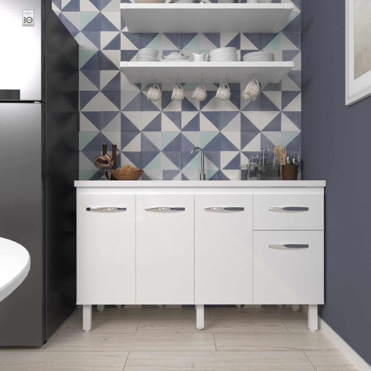 Balcão Cozinha Armário Gabiente Pia de 140 cm com 4 Portas e 1 Gavetas Camila Branco 