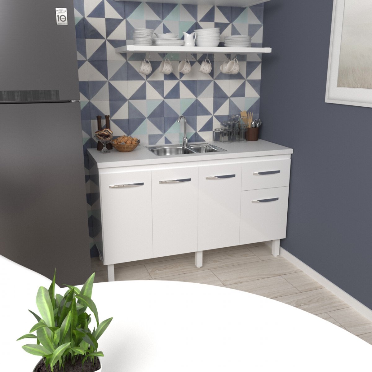 Balcão Cozinha Armário Gabiente Pia de 140 cm com 4 Portas e 1 Gavetas Camila Branco 