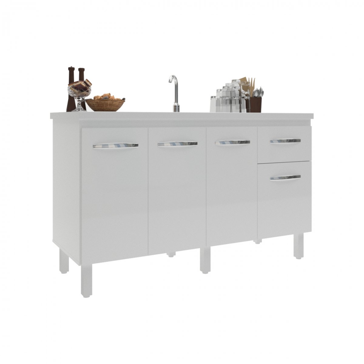 Balcão Cozinha Armário Gabiente Pia de 140 cm com 4 Portas e 1 Gavetas Camila Branco 