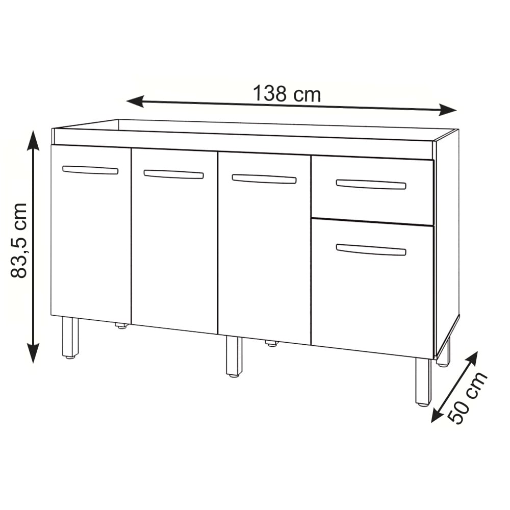 Balcão Cozinha Armário Gabiente Pia de 140 cm com 4 Portas e 1 Gavetas Camila Branco 