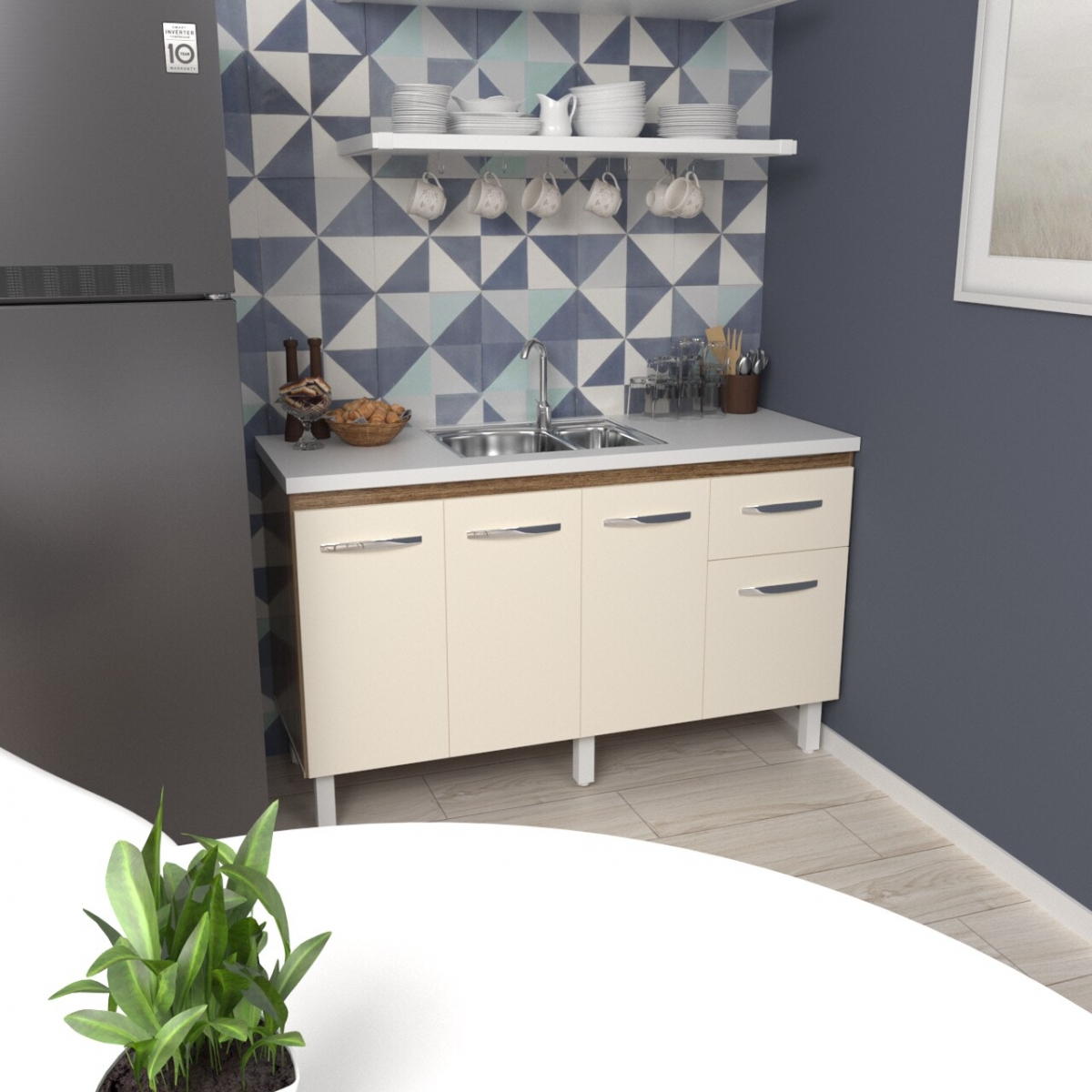 Balcão Cozinha Armário Gabiente Pia de 140 cm com 4 Portas e 1 Gavetas Camila Savana Off White 