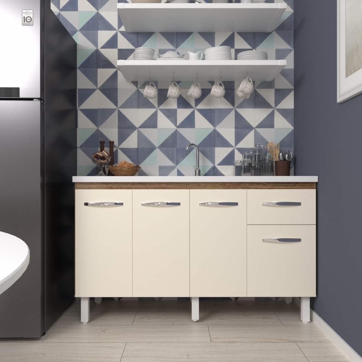 Balcão Cozinha Armário Gabiente Pia de 140 cm com 4 Portas e 1 Gavetas Camila Savana Off White 