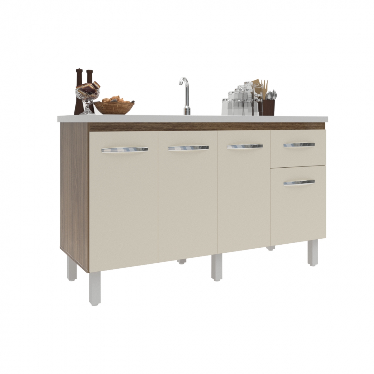 Balcão Cozinha Armário Gabiente Pia de 140 cm com 4 Portas e 1 Gavetas Camila Savana Off White 