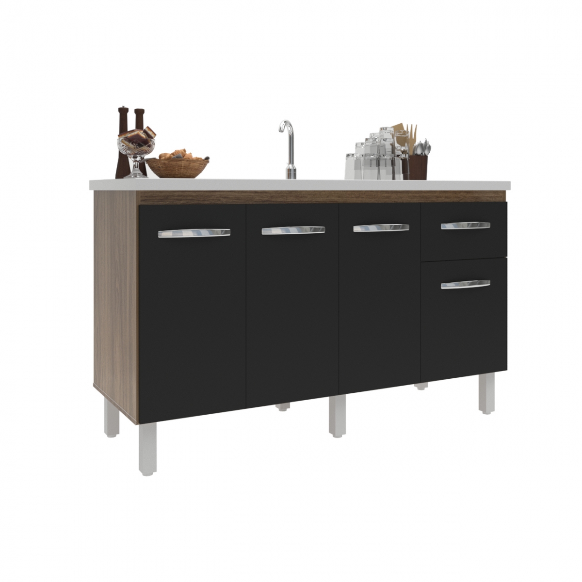 Balcão Cozinha Armário Gabiente Pia de 140 cm com 4 Portas e 1 Gavetas Camila Savana Preto 