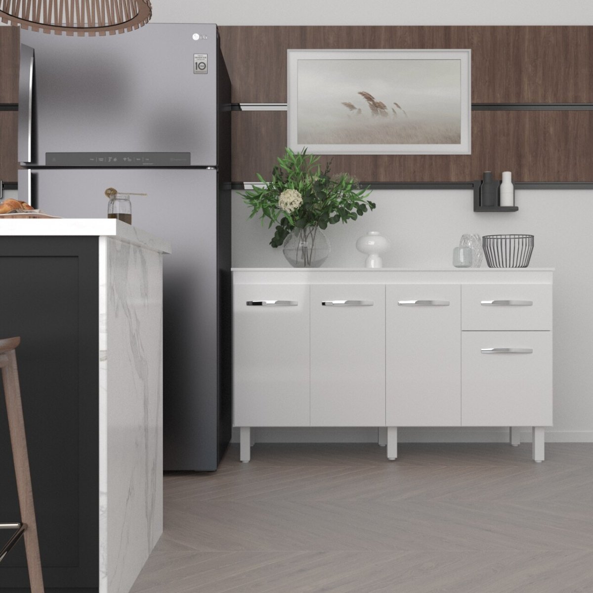 Balcão Cozinha Armário Gabinete Camila Branco Com Tampo Tampão 140 cm Mobília Decor Branco 