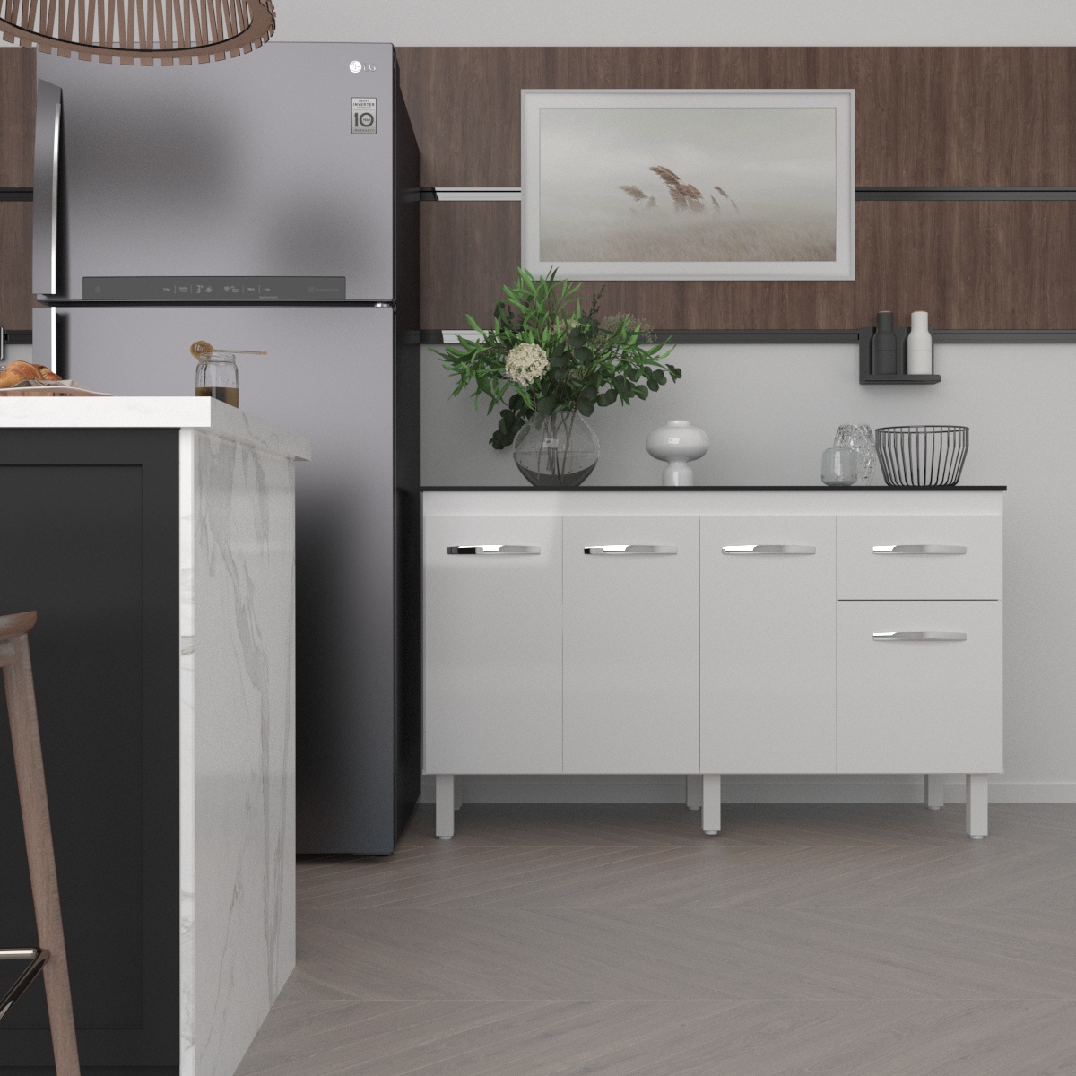 Balcão Cozinha Armário Gabinete Camila Branco Com Tampo Tampão 140 cm Mobília Decor Preto 