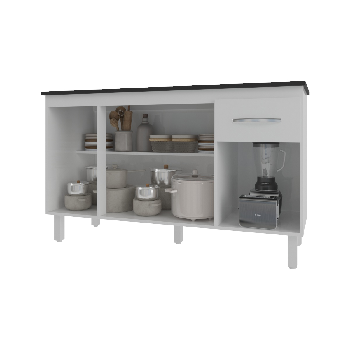 Balcão Cozinha Armário Gabinete Camila Branco Com Tampo Tampão 140 cm Mobília Decor Preto 