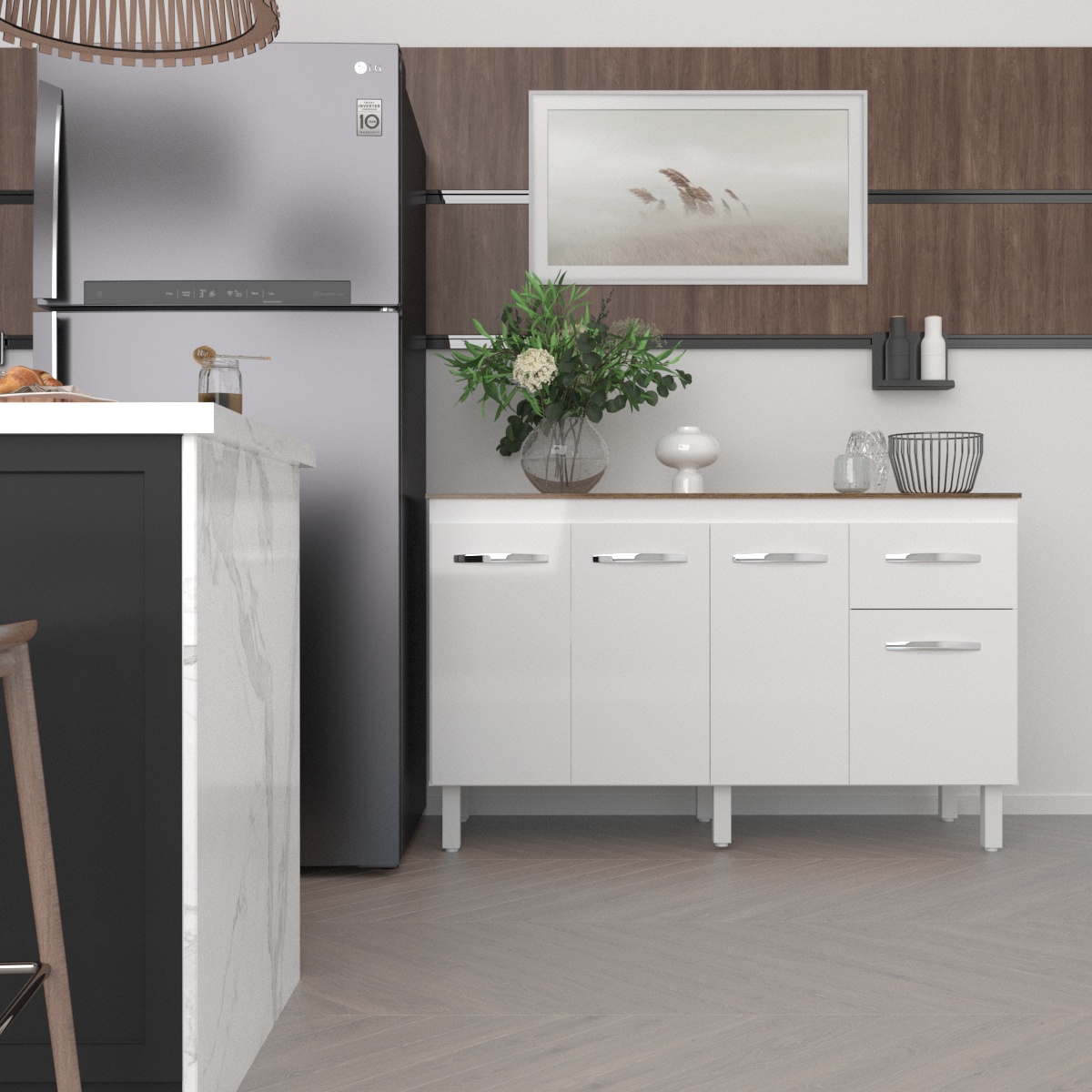 Balcão Cozinha Armário Gabinete Camila Branco Com Tampo Tampão 140 cm Mobília Decor Savana 
