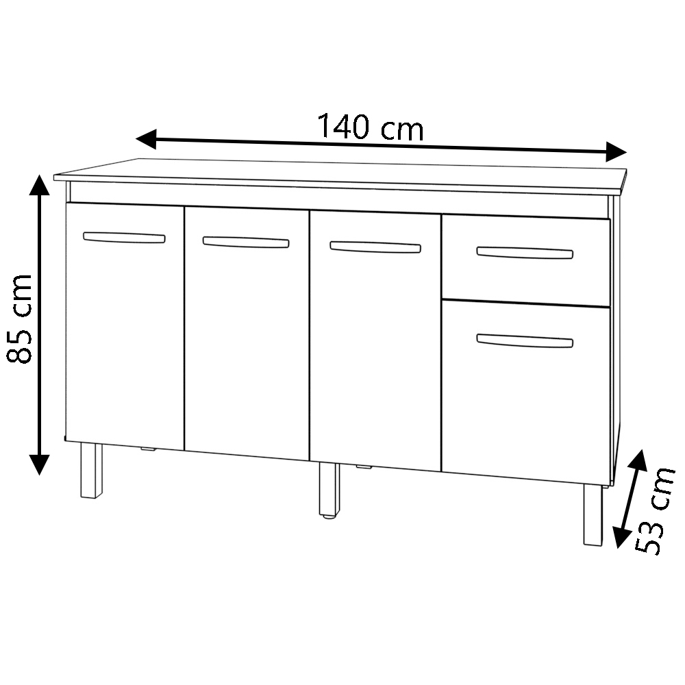 Balcão Cozinha Armário Gabinete Camila Branco Com Tampo Tampão 140 cm Mobília Decor Savana 