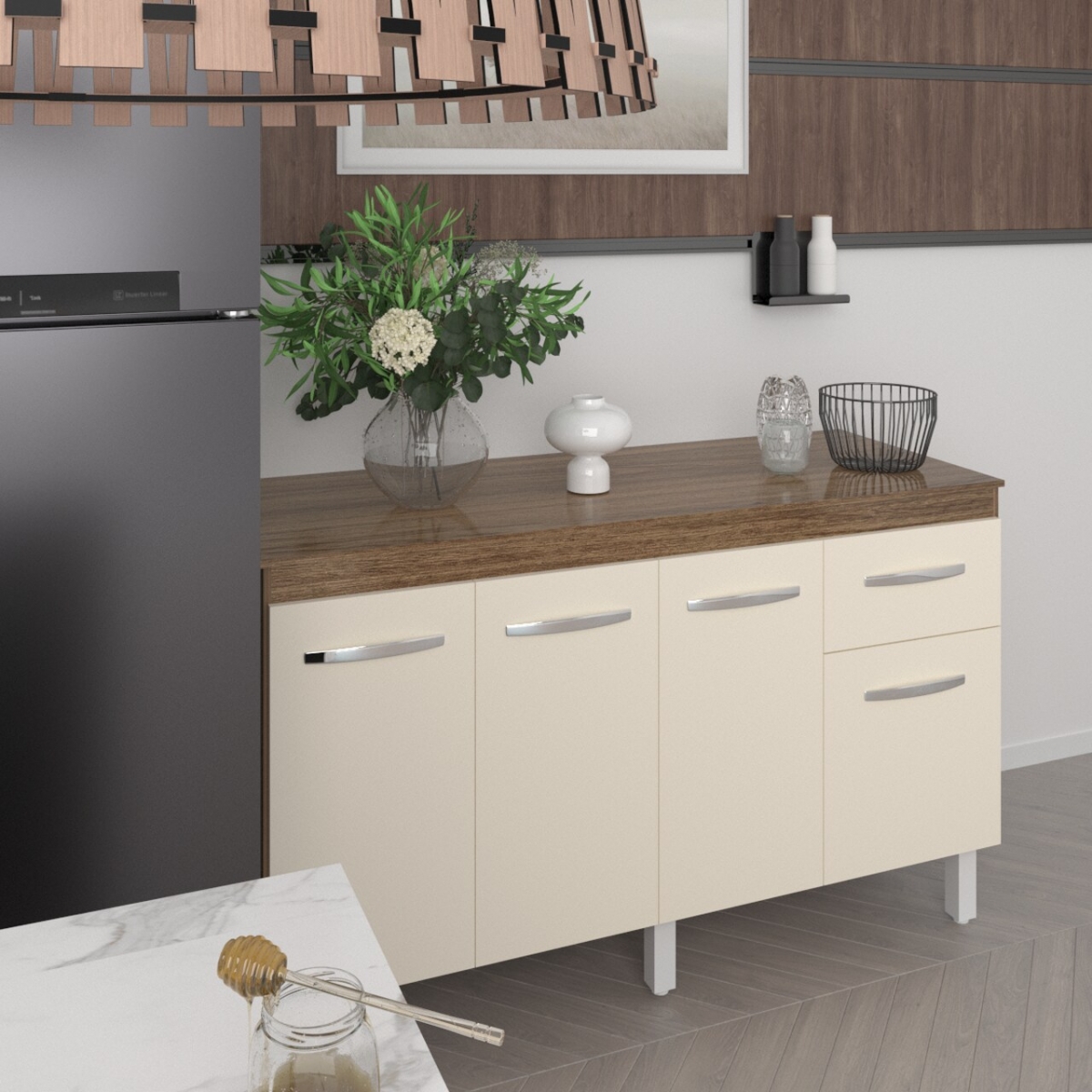 Balcão Cozinha Armário Gabinete Camila Savana Off White Com Tampo Tampão 140 cm Mobília Decor Savana 