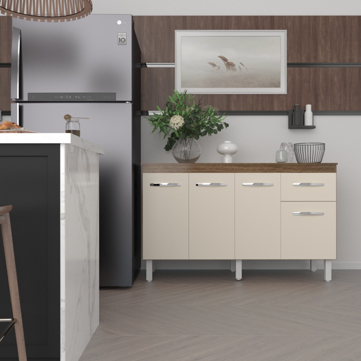 Balcão Cozinha Armário Gabinete Camila Savana Off White Com Tampo Tampão 140 cm Mobília Decor Savana 