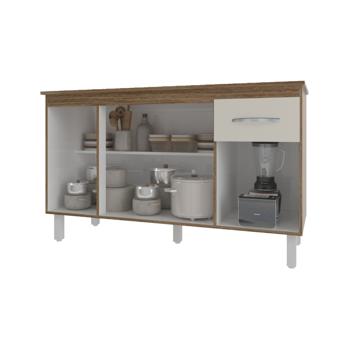 Balcão Cozinha Armário Gabinete Camila Savana Off White Com Tampo Tampão 140 cm Mobília Decor Savana 