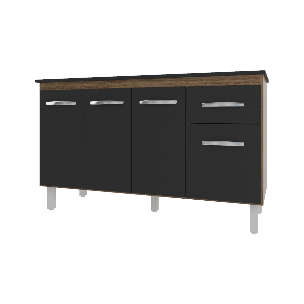 Balcão Cozinha Armário Gabinete Camila Savana Preto Com Tampo Tampão 140 cm Mobília Decor Preto 