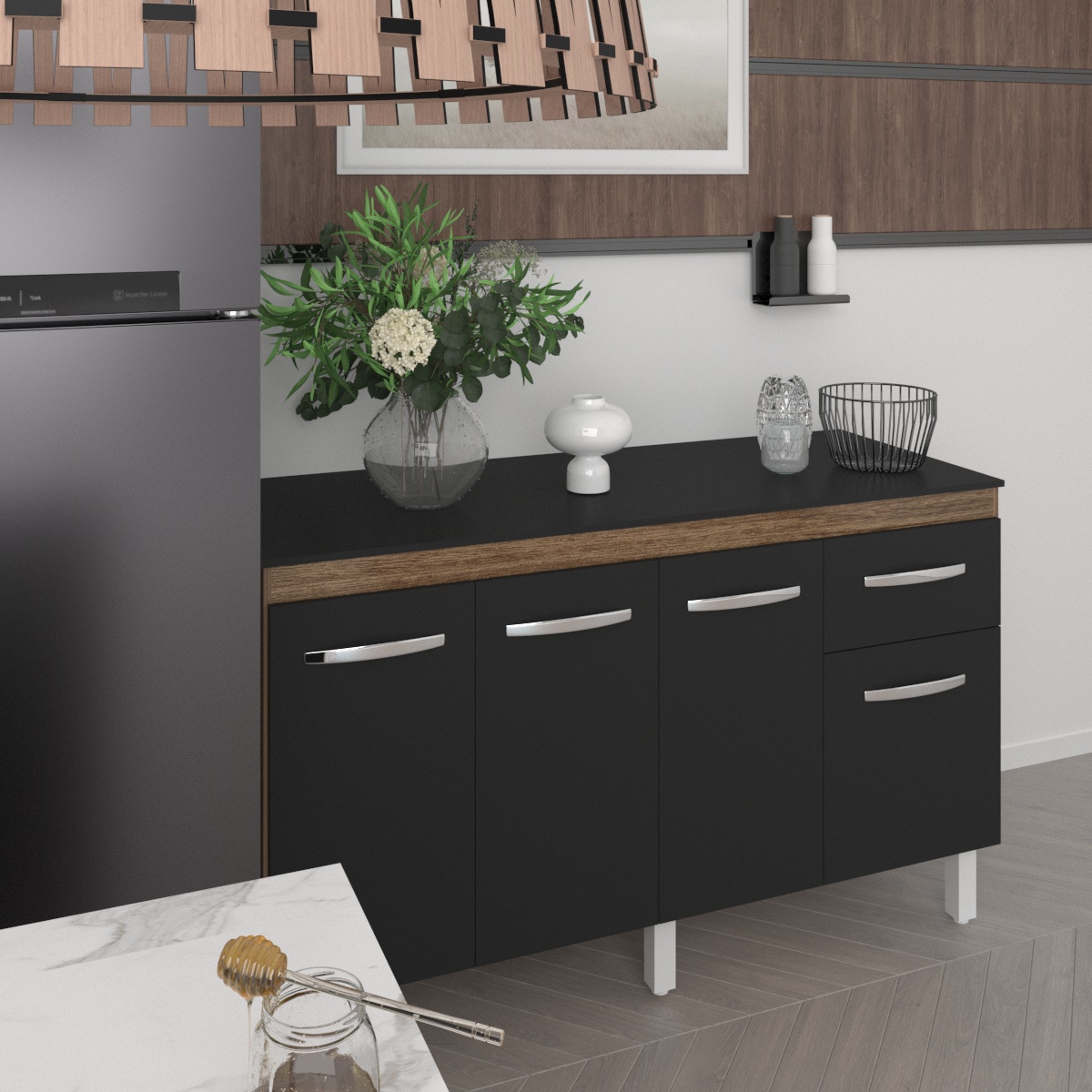 Balcão Cozinha Armário Gabinete Camila Savana Preto Com Tampo Tampão 140 cm Mobília Decor Preto 