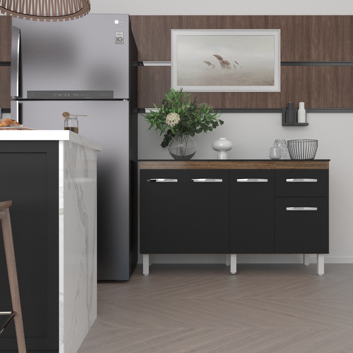 Balcão Cozinha Armário Gabinete Camila Savana Preto Com Tampo Tampão 140 cm Mobília Decor Preto 