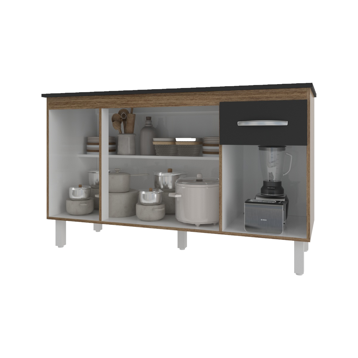 Balcão Cozinha Armário Gabinete Camila Savana Preto Com Tampo Tampão 140 cm Mobília Decor Preto 