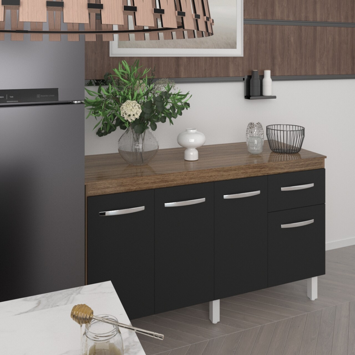 Balcão Cozinha Armário Gabinete Camila Savana Preto Com Tampo Tampão 140 cm Mobília Decor Savana 