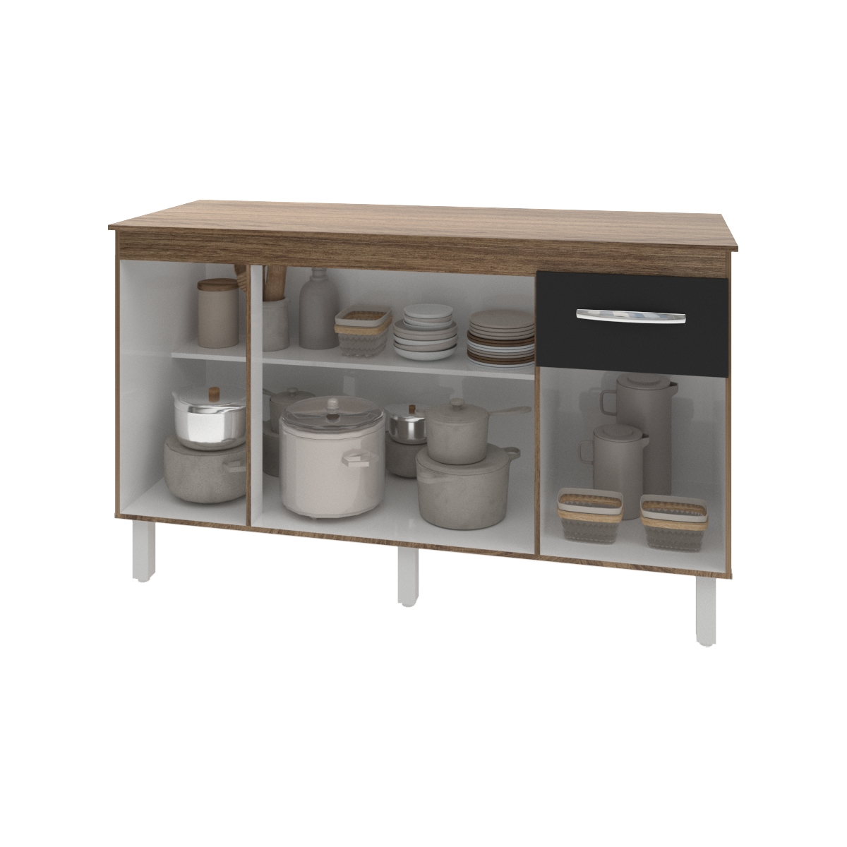 Balcão Cozinha Armário Gabinete Camila Savana Preto Com Tampo Tampão 140 cm Mobília Decor Savana 