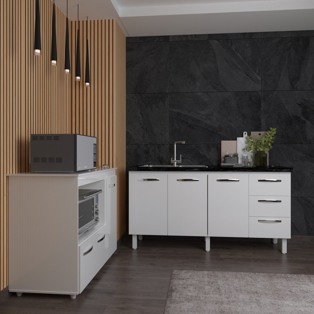 Balcão Cozinha Armário Gabinete de Pia 150 cm Deise e Balcão Lilian Para Microondas e Forno Elétrico Branco 