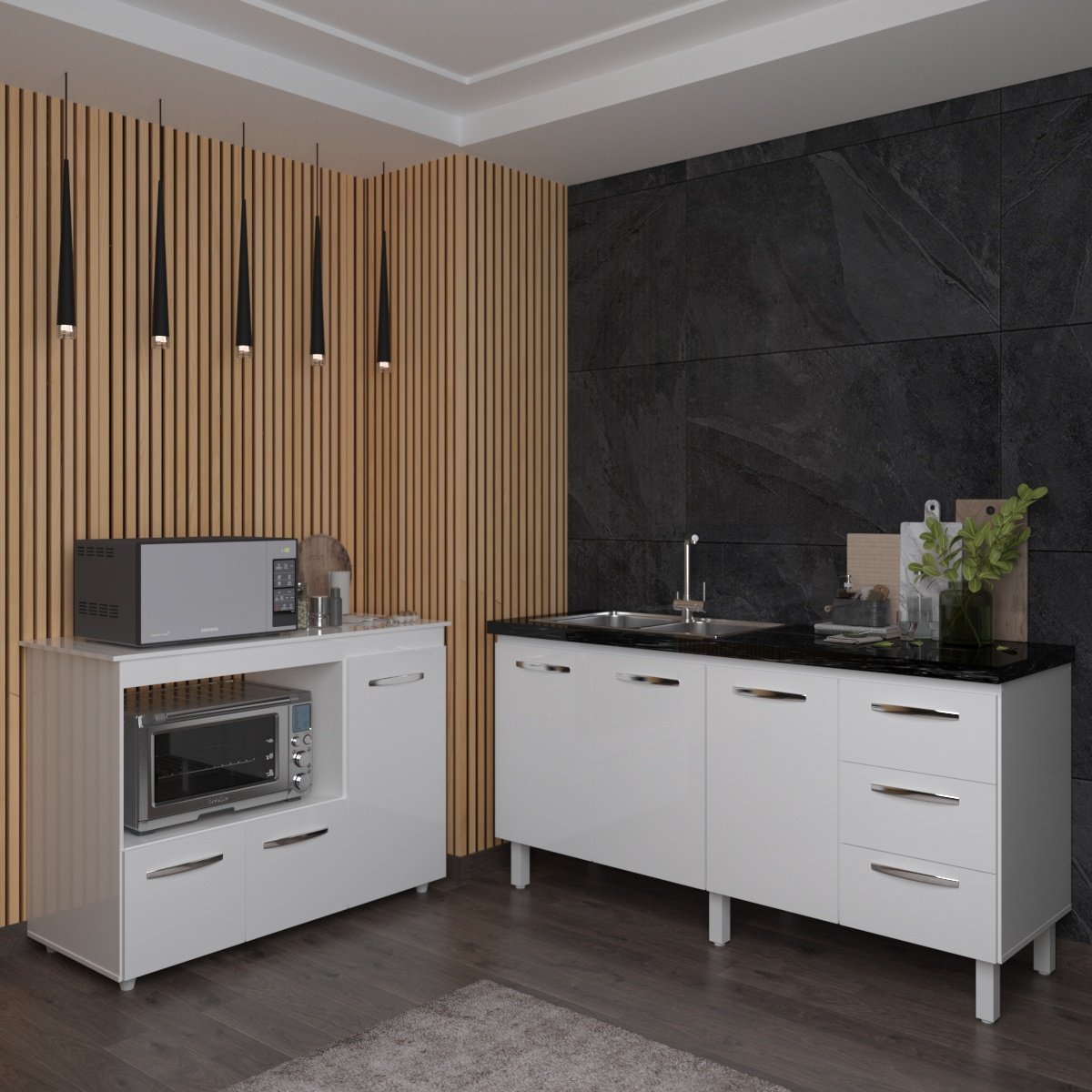 Balcão Cozinha Armário Gabinete de Pia 150 cm Deise e Balcão Lilian Para Microondas e Forno Elétrico Branco 