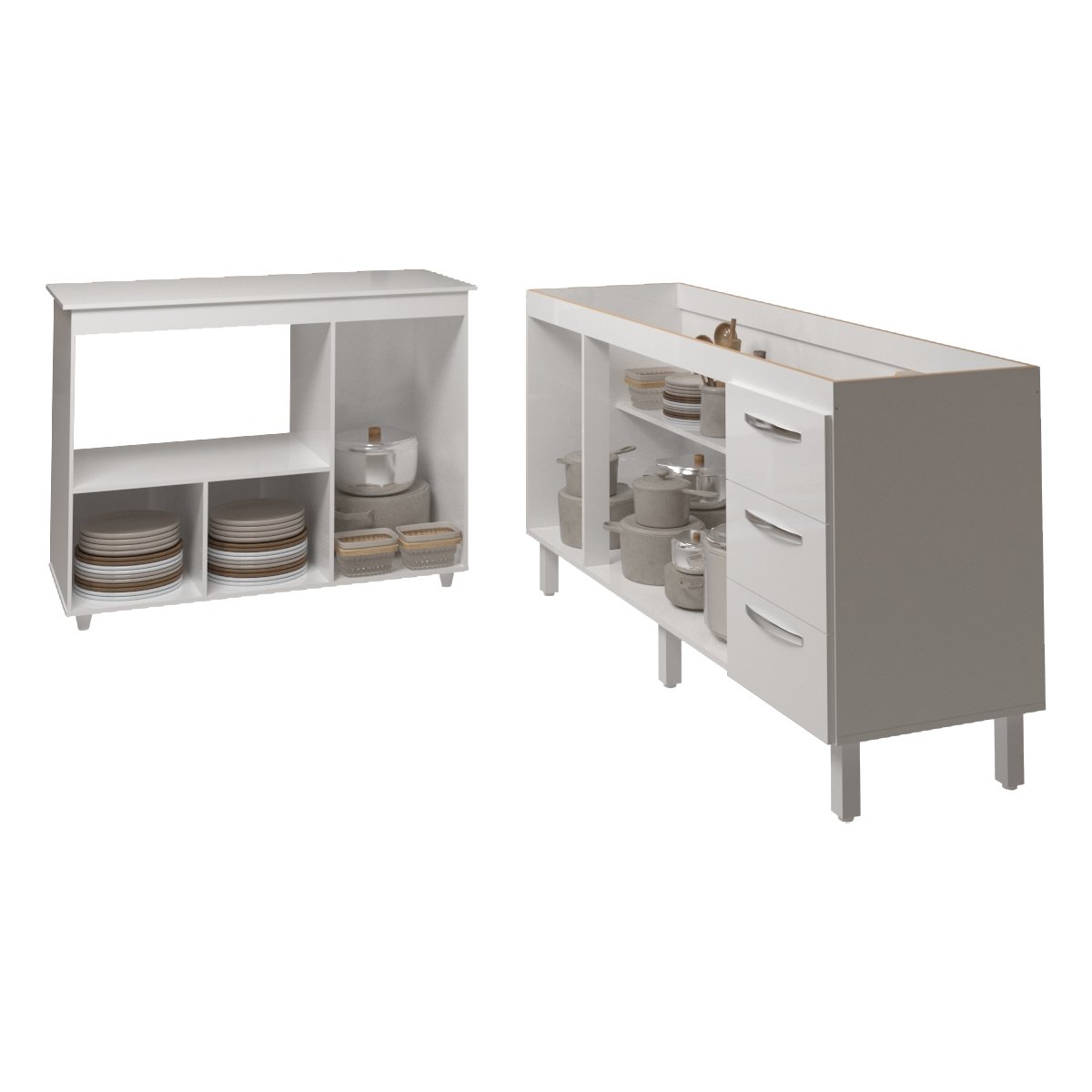 Balcão Cozinha Armário Gabinete de Pia 150 cm Deise e Balcão Lilian Para Microondas e Forno Elétrico Branco 